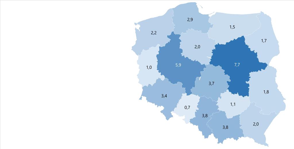 Powierzchnia użytkowa pozwoleń budowlanych w budownictwie kubaturowym wg województw, Budownictwo kubaturowe wg segmentów (mln m²) Budownictwo kubaturowe ogółem (mln m²) Dolnośląskie