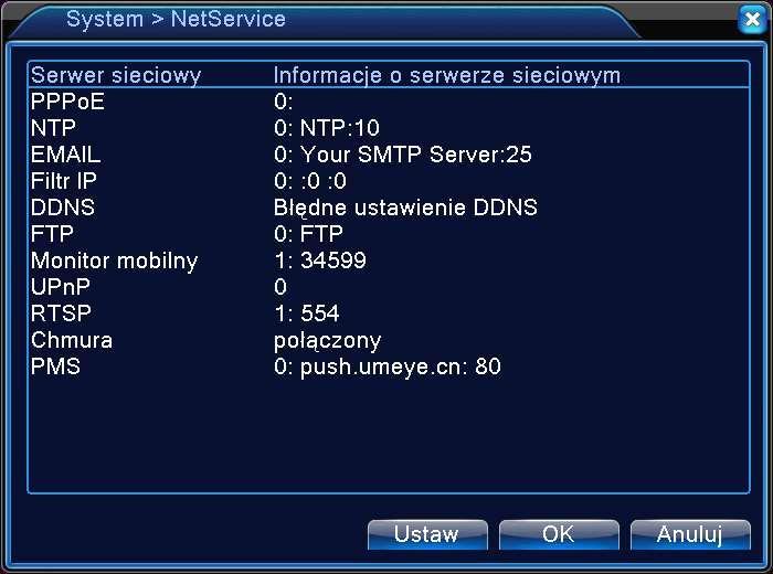 NetService Informacje o dodatkowych funkcjach sieciowych rejestratora.