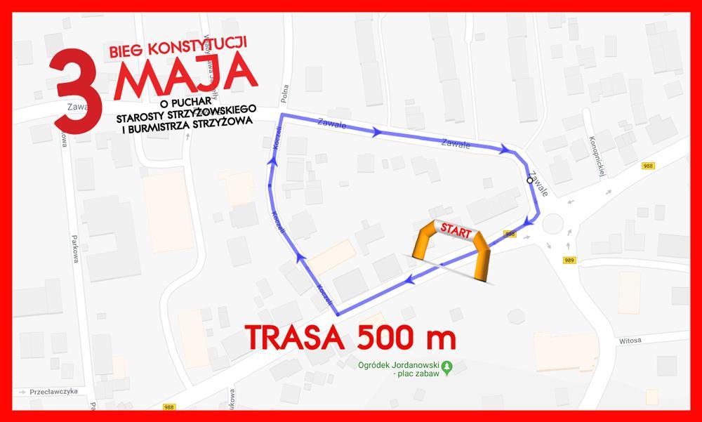 TRASA 2: 500 m Płaska ulicami Strzyżowa Słowackiego, Koczeli, Zawale,
