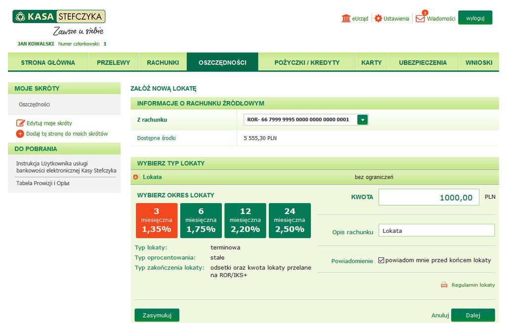 Komunikat Dyspozycja została przyjęta, informację o statusie lokaty można uzyskać w zakładce Ostatnie dyspozycje.