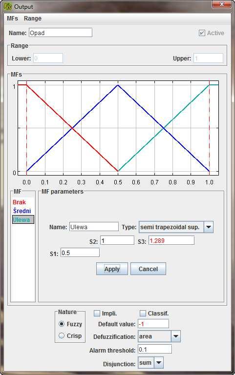 Okno to obok klasycznego widoku ma również część poświęcona sposobowi wnioskowania (Mamdaniego/Takagi-Sugeno) oraz sposobom denazyfikacji i dysjunkcji.