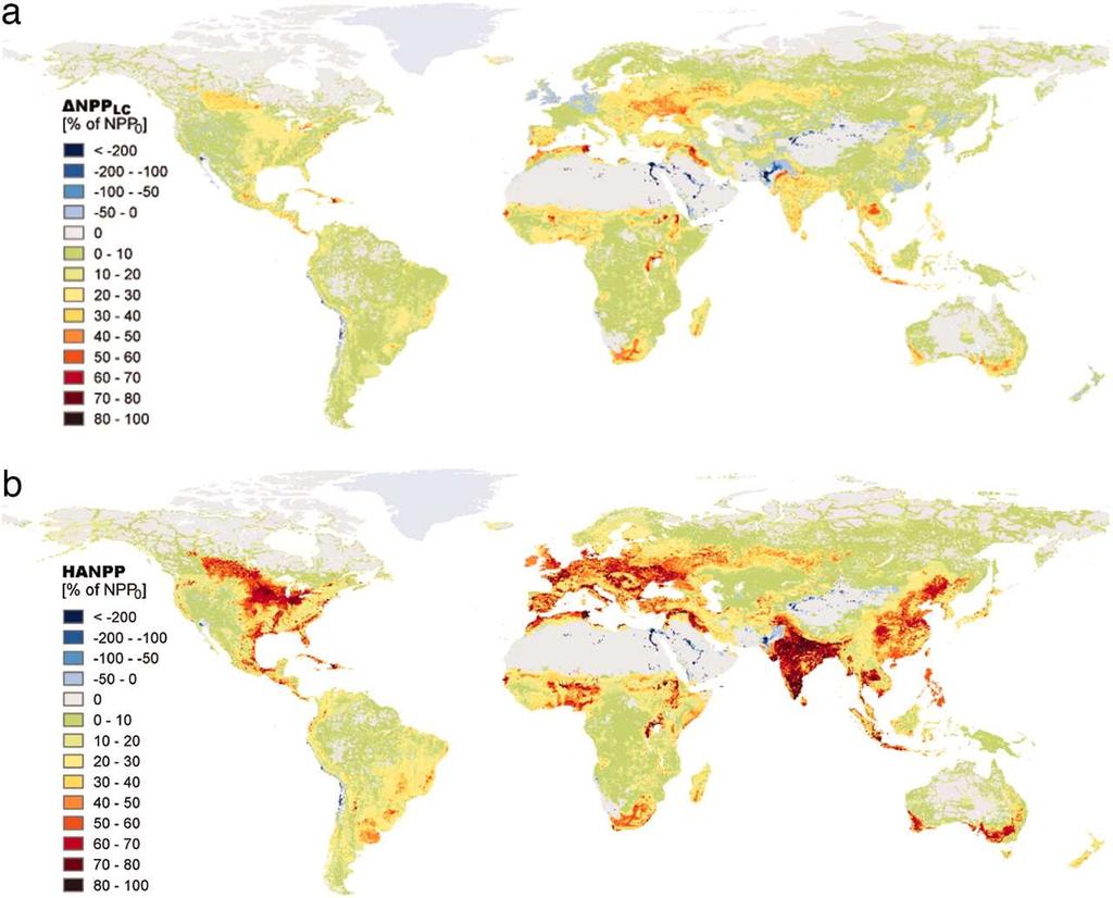 Maps of the human appropriation of net primary production (HANPP), excluding