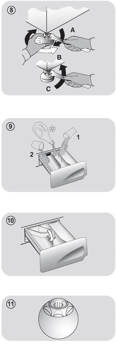 Wypoziomować pralkę za pomocą obrotowych nóżek, jak na rysunku 8: a. odkręcić nakrętkę zgodnie z ruchem wskazówek zegara w celu zwolnienia śruby; b.