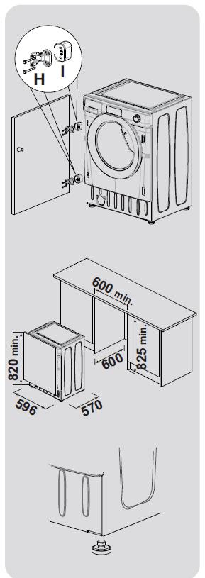 Zamocować panel drzwiowy do frontu pralko-suszarki za pomocą zawiasów. Pod zawiasami umieścić podkładki (I) i dokręcić za pomocą śrub (H).