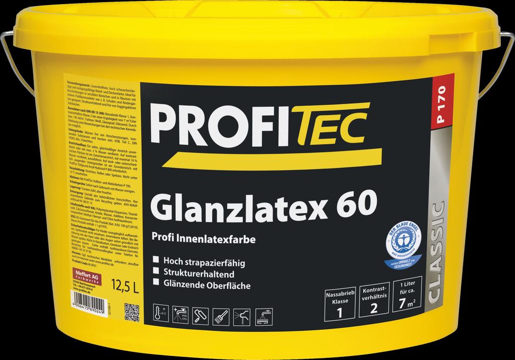 Glanzlatex 60 P 170 Profesjonalna farba lateksowa do wnętrz z efektem połysku Opis produktu Zakres zastosowania Właściwości Bardzo odporna na ścieranie, dobrze kryjąca farba lateksowa z efektem