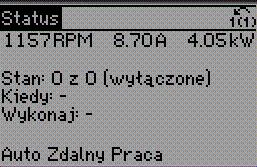 W tym przykładzie, Prędkość, Prąd silnika, Moc silnika i Częstotliwość zostały wybrane jako zmienne wyświetlane w pierwszej i drugiej linii. 1.1, 1.2 i 1.3 wyświetlane są małą czcionką.