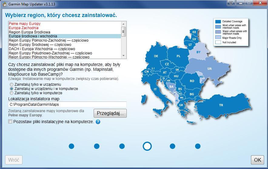 Przewiń listę krajów klikając na region, aby zobaczyć pokrycie. Regiony wylistowane na czerwono przekraczają wolne miejsce w urządzeniu.