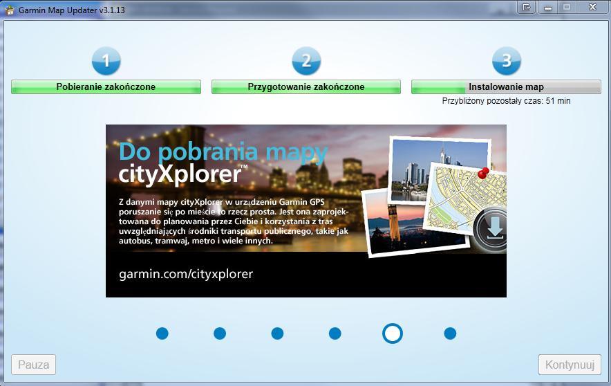Zobaczysz jak mapy są pobierane, a następnie instalowane w urządzeniu.