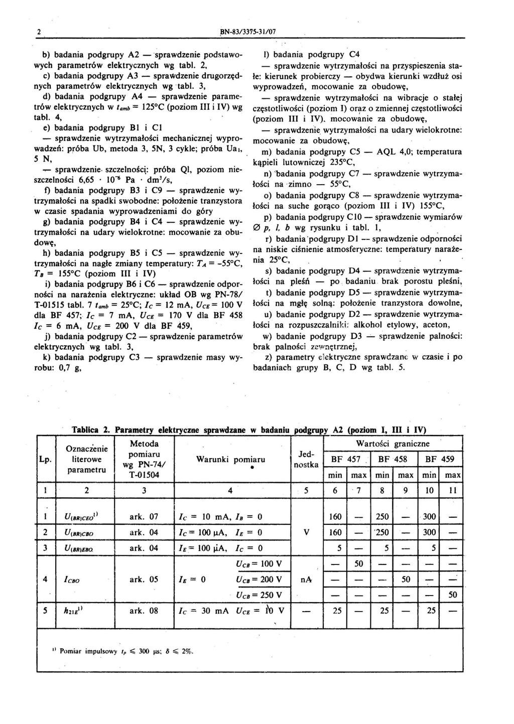 2 BN-83/3375-31/07 b) badania podgrupy A2 - 'sprawdzenie podstawowych parametrów elektrycznych wg tabl. 2 c) badania podgrupy A3 - sprawdzenie drugorzędnych parametrów elektrycznych wgtabl.