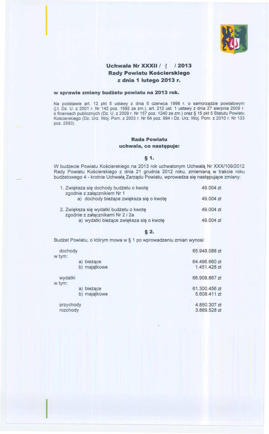 Uchwaa r XXXII l 1 l 2013 Rady Pwatu Kścerskeg z dna 1 luteg 2013 r. w sprawe zmany budżetu pwatu na 2013 rk. a pdstawe art. 12 pkt 5 ustawy z dna 5 czerwca 1998 r. samrządze pwatwym U.t. Dz. U. z 2001 r.
