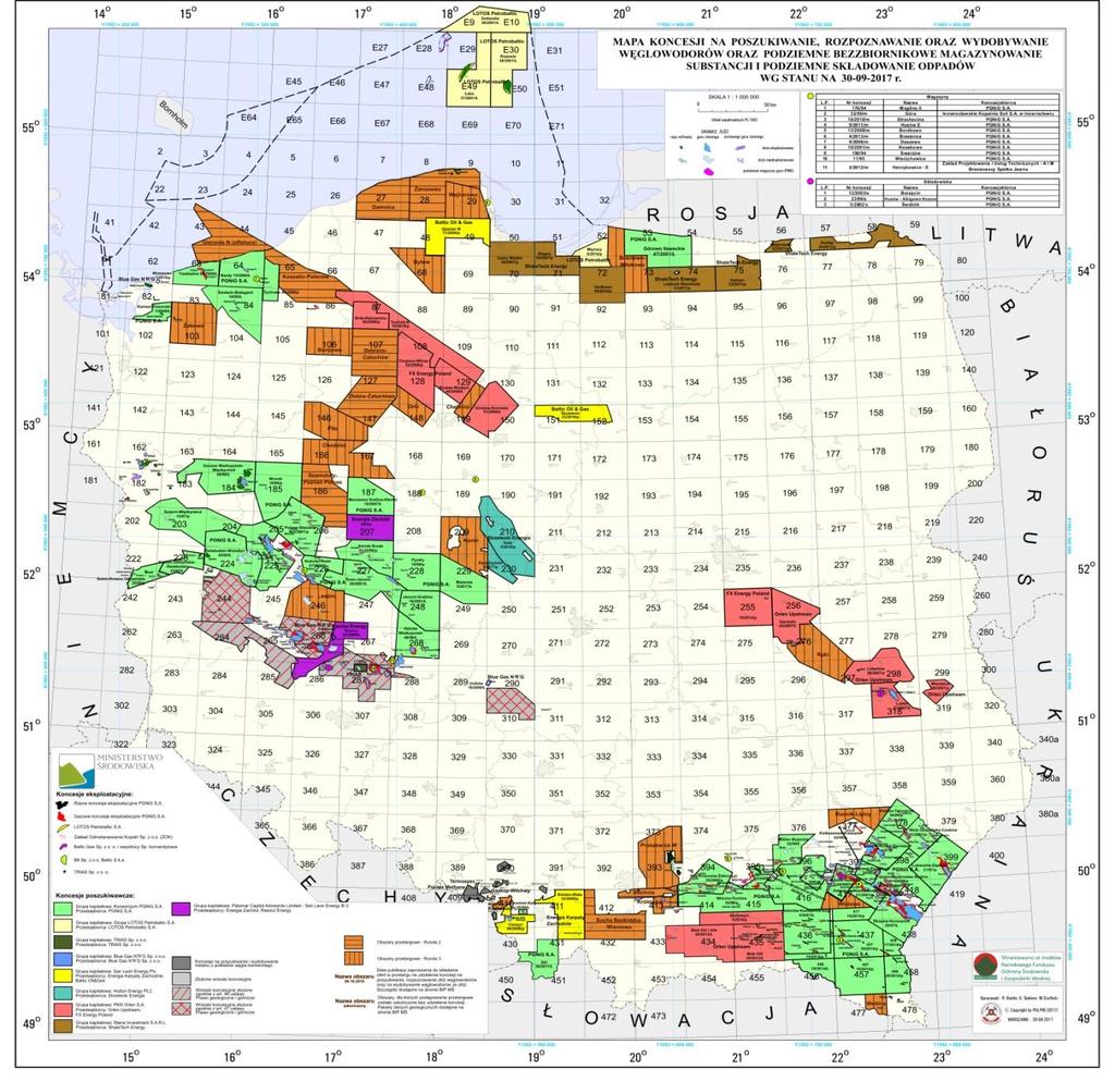 Na rysunku poniżej przedstawiono mapę wydanych koncesji przez Ministra Środowiska na poszukiwanie, rozpoznawanie oraz wydobywanie ropy naftowej, gazu ziemnego i metanu. Rys. 7.