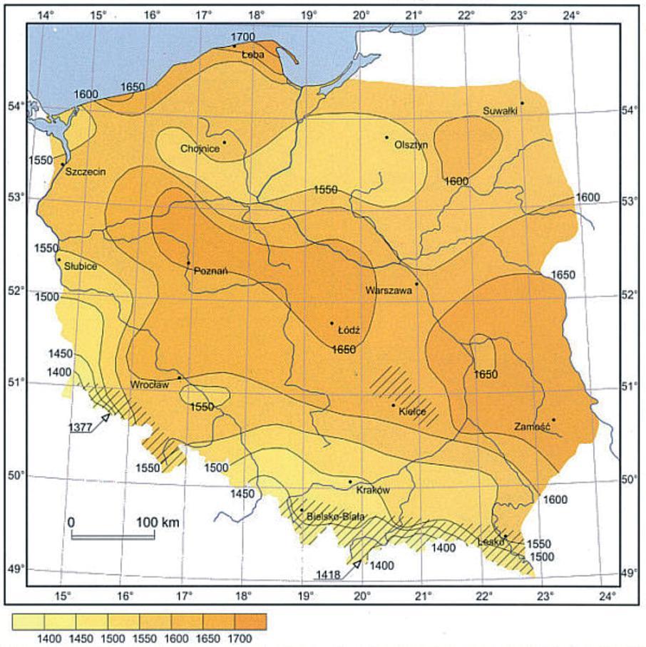 Rys.2. Mapa usłonecznienia Polski średnie roczne sumy ( godziny) Bielsk Podlaski Źródło: Atlas klimatu Polski pod redakcją H. Lorenc, IMGW 2005.