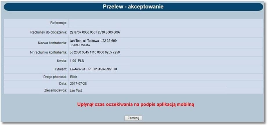 Rozdział 11 Proces autoryzacji dyspozycji złożonych w systemie def3000/ceb za pomocą aplikacji mobilnej Asseco MAA W przypadku braku aktywnej aplikacji Asseco MAA zostanie zaprezentowany komunikat.