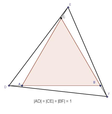 a) b) Zad. W trójkącie równobocznym ABC o boku długości 4 przedłużono odpowiednie boki (jak na rysunku) - czy trójkąt jest trójkątem równobocznym?