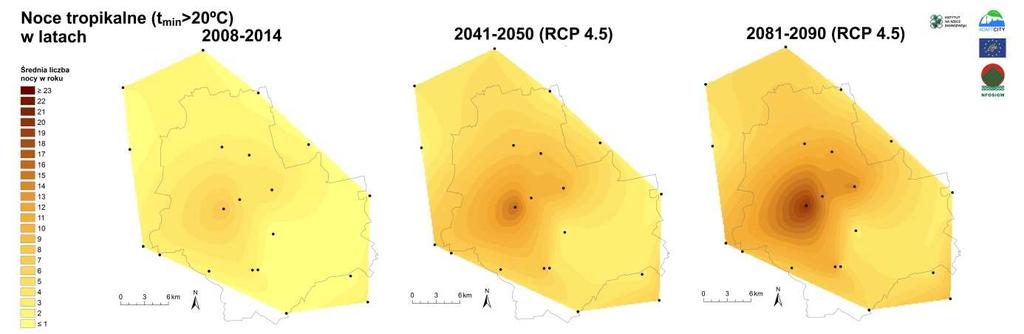 Rysunek 3. Liczba nocy tropikalnych w Warszawie w roku 2010 i prognozowana do roku 2090. Źródło: Opracowała na podstawie scenariuszy zmian klimatu dla m.st. Warszawy w XXI wieku mgr Kinga Nelken.