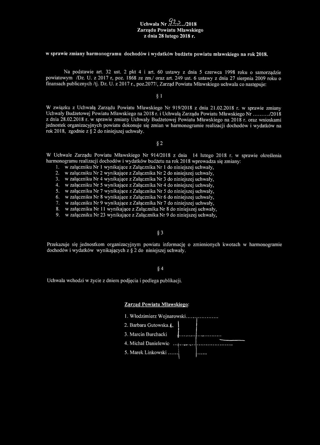 U. z 207 r., poz.2077/, uchwala co następuje: W związku z Uchwałą Zarządu Powiatu Mławskiego Nr 99/208 z dnia 2.02.208 r. w sprawie zmiany Uchwały Budżetowej Powiatu Mławskiego na 208 r.