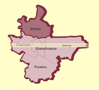 Mapa 1 Położenie Gminy Mirzec na tle województwa świętokrzyskiego (Źródło: Strategia Rozwoju Gminy Mirzec na lata 2013-2020) Mapa 2- Położenie Gminy Mirzec na tle powiatu starachowickiego(źródło: