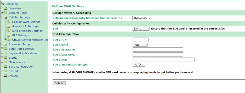 str 5 Cellular WAN Settings Wpisz tu PIN karty SIM w