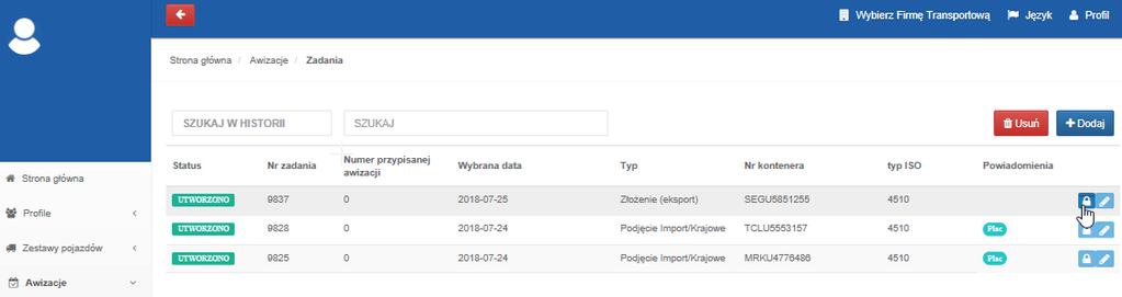 4.1.1 Dodawanie do listy zadań kontenerów eksportowych złożenia Utworzone w ten sposób zadanie pojawi się w tabeli.
