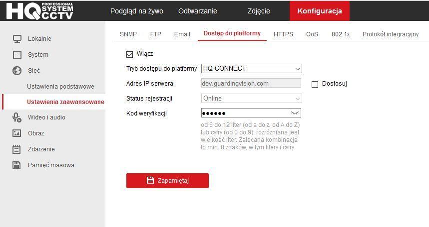 Klikamy Zapamiętaj. Odświeżamy stronę. Status rejestracij Online oznacza prawidłową pracę sieci. Jeżeli wyświetla się status Niepołączony, to należy sprawdzić, czy router ma dostęp do internetu.