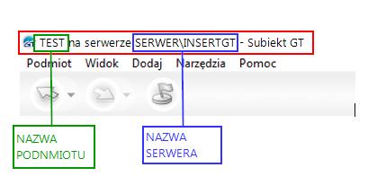 Informacje te można znaleźć na pasku tytułowym programu Subiekt GT Użytkownik i hasło login i hasło do serwera SQL (nie należy mylić z loginem i hasłem do Subiekta).