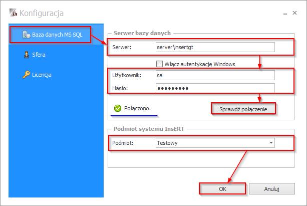 W oknie konfiguracji należy uzupełnić wszystkie wymagane pola, natomiast w celu uzyskania dostępu do listy podmiotów należy użyć opcji Sprawdź połączenie.