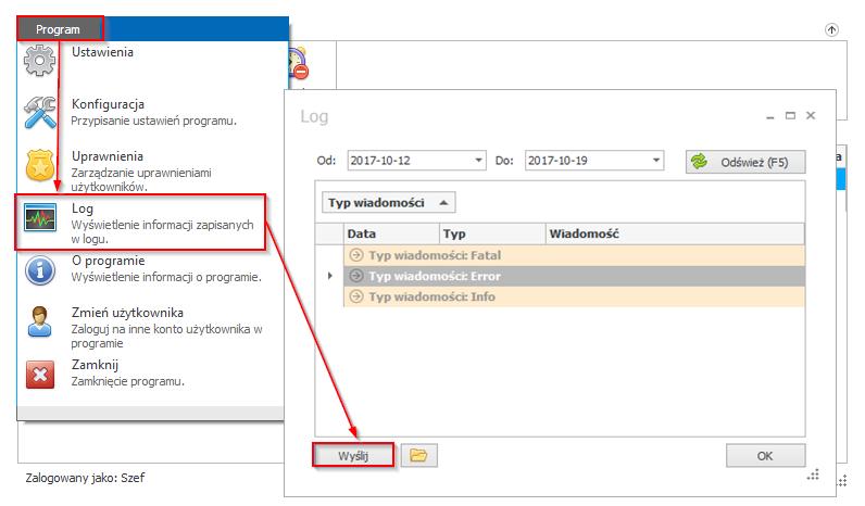 6.1.4 Log Opcja ta wyświetla okno z chronologicznym zapisem informacji dotyczących działania programu.