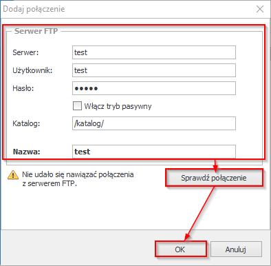 Po wybraniu opcji Dodaj nowe pojawi się okno, w którym należy uzupełnić dane serwera FTP