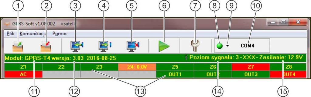 8 GPRS-T4 SATEL Rys. 7. Menu główne programu GPRS-SOFT. 7 - Konfiguracja przycisk umożliwia otwarcie okna Połączenie.