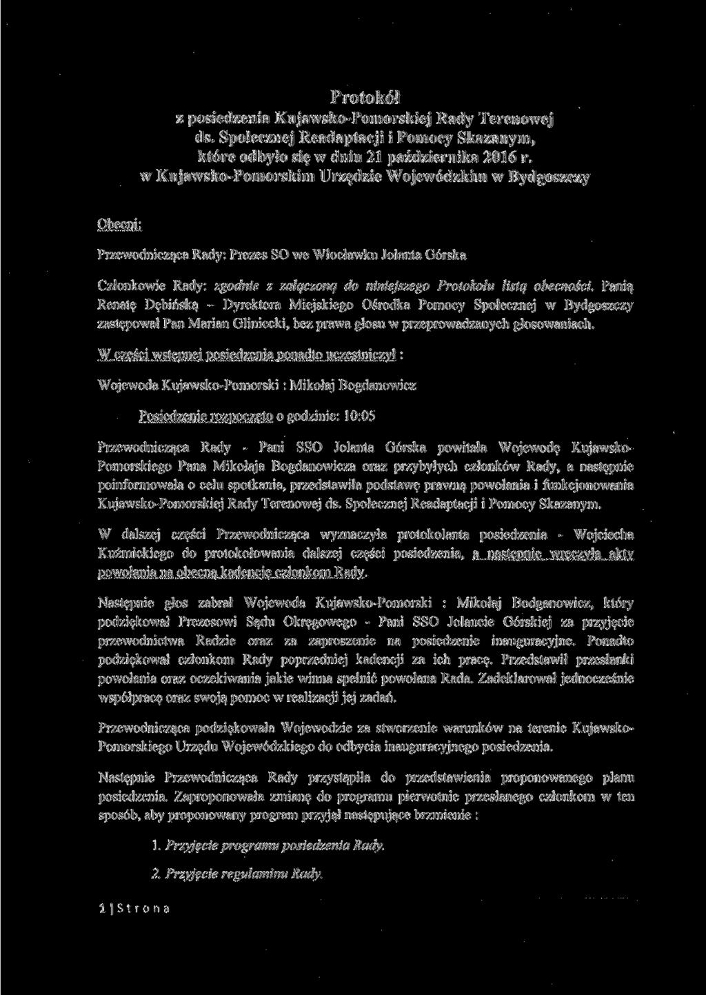 Protokół z posiedzenia Kujawsko-Pomorskiej Rady Terenowej ds. Społecznej Readaptacji i Pomocy Skazanym, które odbyło się w dniu 21 października 2016 r.