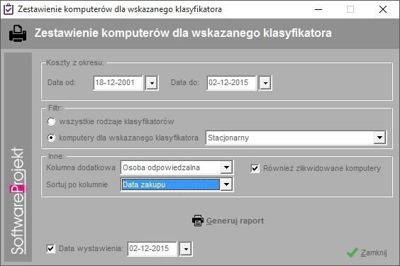 6. Zestawienie komputerów dla wskazanego klasyfikatora Raport ten generowany jest na podstawie danych ewidencjonowanych w tabeli Komputery programu Ewidencja Wyposażenia PL+.