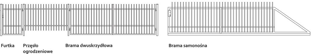 Komplet ogrodzeniowy składa się z przęsła, furtki, bramy, słupków 70 x 70 x 2 do przęseł, słupków 100 x 100 x 2 do bram i furtek oraz osprzętu montażowego.