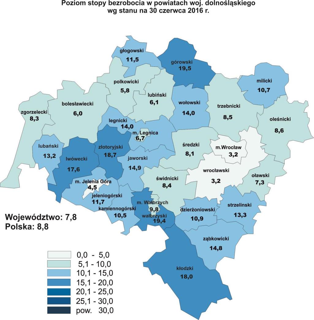 str. 38 Wartości stóp bezrobocia wg stanu na koniec czerwca 2016 r. w powiatach województwa dolnośląskiego przedstawia poniższa mapa: 9.