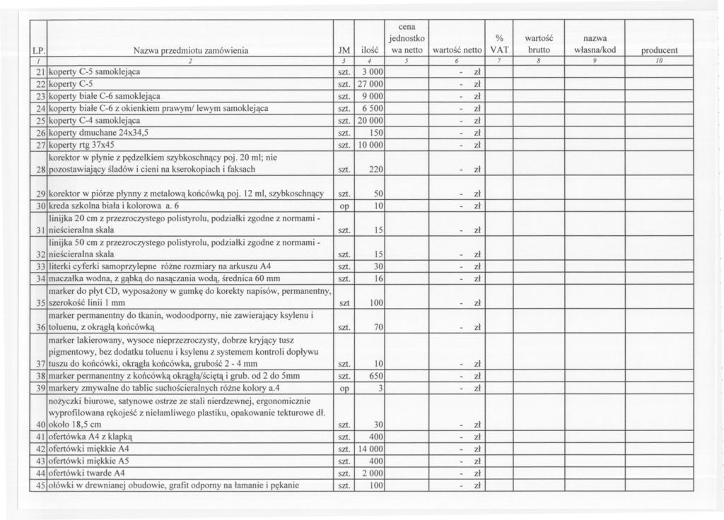 jednostko % wartosc nazwa LP. Nazwa przedmiotu zamówienia 1M ilosc wa netto wartosc netto VAT brutto wlasnajkod producent I 2 3 4 5 6 7 8 9 10 21 koperty C-5 samoklejaca szt.