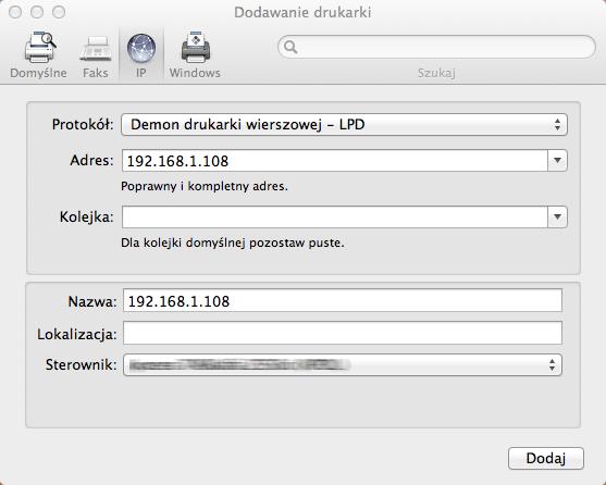 adres IP i nazwę drukarki.