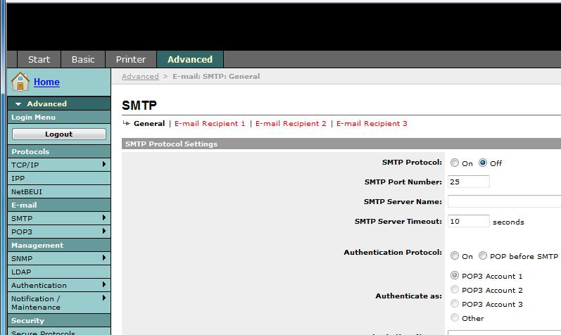 Przygotowanie przed rozpoczęciem użytkowania 1 Kliknij kolejno Settings -> Advanced -> SMTP -> General. 2 Wprowadź prawidłowe ustawienia w każdym polu.