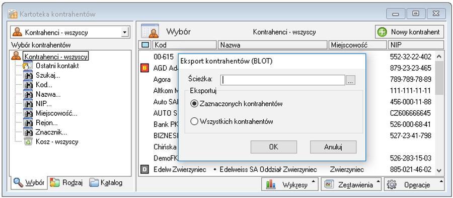 Uruchomienie dodatku Aby uruchomi dodatek wystarczy z kartoteki kontrahentów wybra 'Zestawienia'->'Wykonaj raport' i z listy raportów wybra pozycj 'Eksport