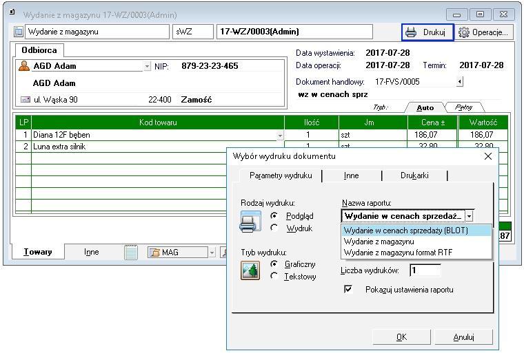 Uruchomienie dodatku Aby uruchomi dodatek nale y wykona wydruk dokumentu WZ z powi zanym dokumentem sprzeda y.