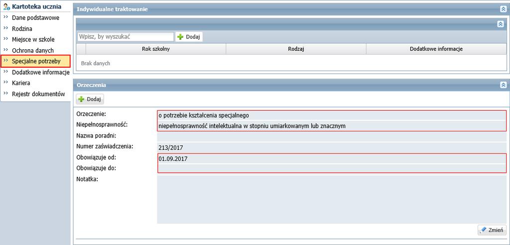 Wpisy wprowadza się w sekcji Indywidualne traktowanie, korzystając z przycisku Dodaj, natomiast modyfikuje po kliknięciu ikony.