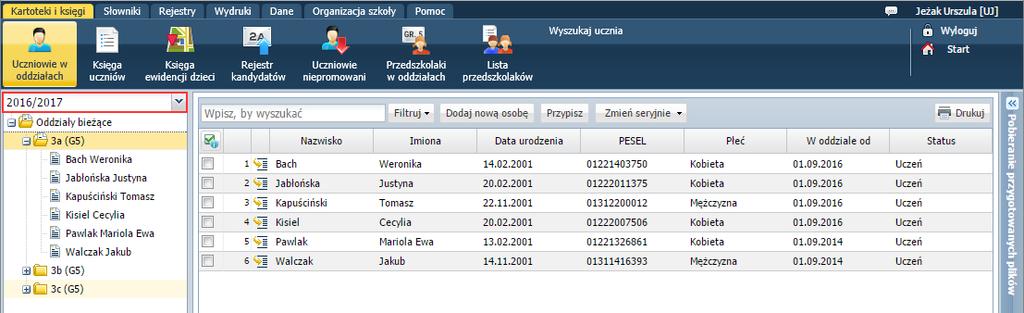 UONET+. Jak wypełnić pustą bazę danych w celu przygotowania i wydrukowania świadectw? 25/47 Modyfikacja automatycznie nadanych uczniom numerów w księdze uczniów 1.