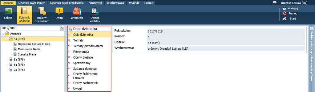 Klikając nazwę kategorii, można zwinąć/rozwinąć listę zakładek. 6. Wyświetl stronę Uczniowie. Na stronie tej domyślnie pojawią się uczniowie przypisani do oddziału w module Sekretariat.