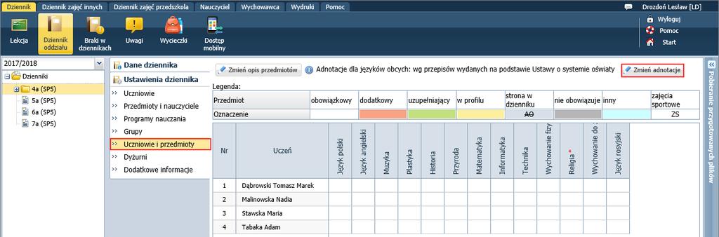 Kliknij przycisk Zapisz w oknie Zmiana przedmiotów. Jeśli baza UOET+ jest wypełniana w celu wydrukowania świadectw, to nie ma potrzeby przypisywania nauczycieli do przedmiotów. 6.