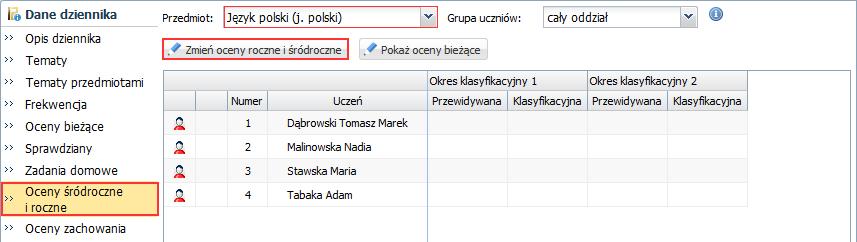 44 Wprowadzanie ocen rocznych/ końcowych do dziennika oddziału Teraz należy wprowadzić do dziennika wszystkie oceny klasyfikacyjne uczniów.