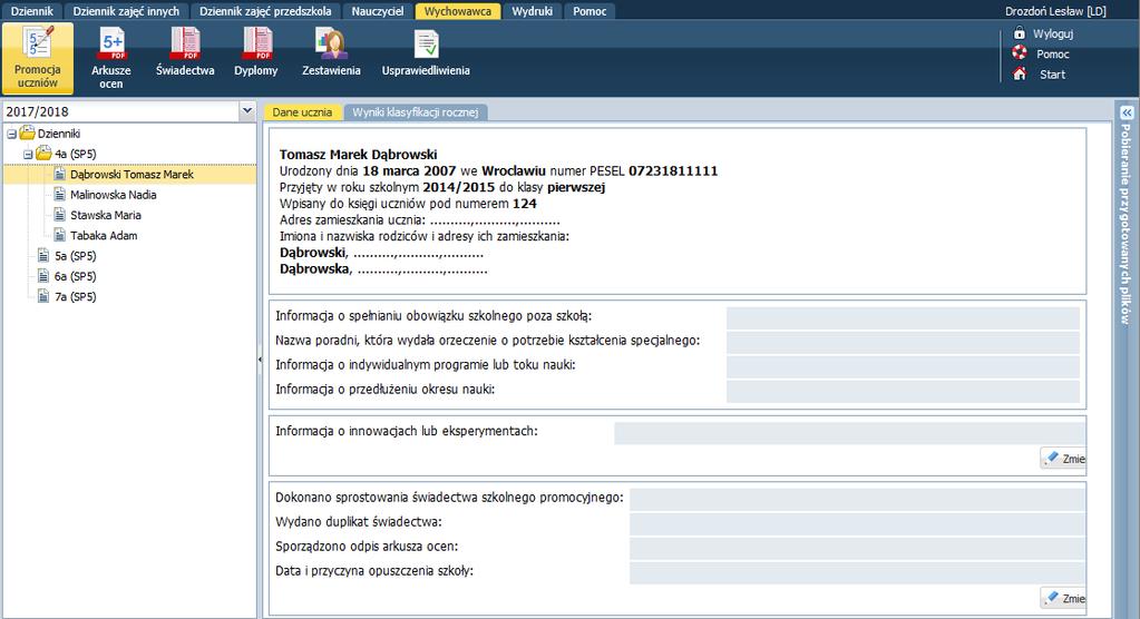 Zwróć uwagę, że na karcie Dane ucznia możesz wprowadzić informację o innowacjach lub eksperymentach ucznia oraz informacje o sprostowaniu świadectwa, wydaniu