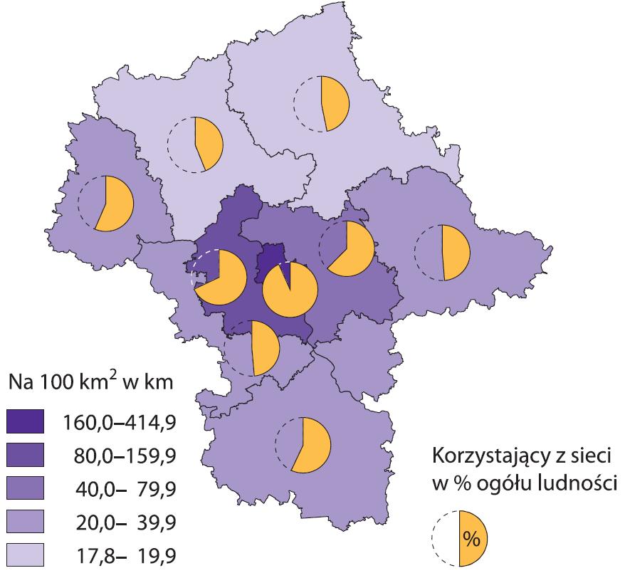 Ochrona środowiska Sieć rozdzielcza kanalizacyjna wg podregionów w 2016 r.