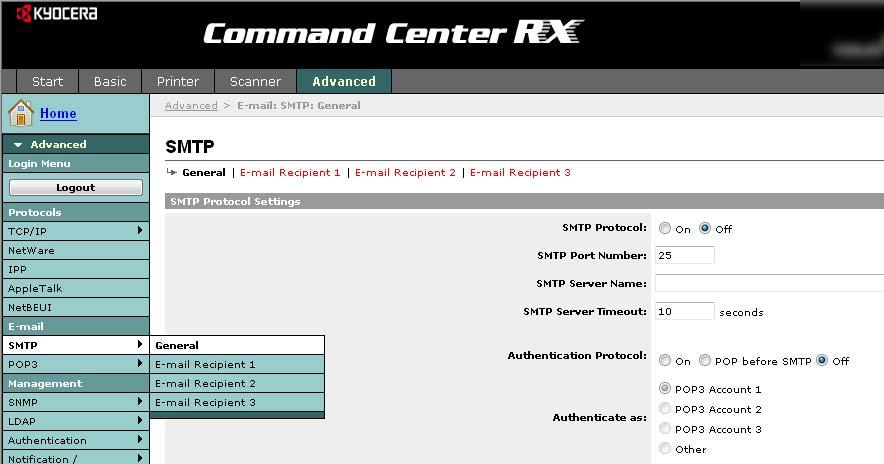 Przygotowanie przed rozpoczęciem użytkowania > Command Center RX (Ustawienia poczty e-mail) Wysyłanie wiadomości e-mail Określenie ustawień SMTP umożliwia wysyłanie obrazów załadowanych na to