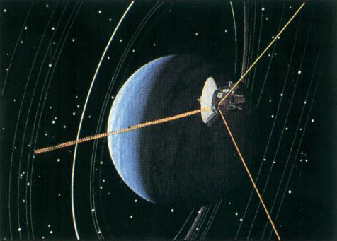 Symulowany przelot koło Urana widoczne pierścienie i orbita sondy Dodatkowe światło po
