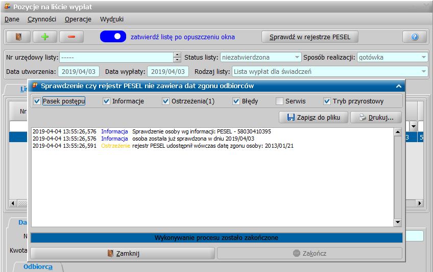 Jeśli rejestr PESEL nie zwróci informacji o dacie zgonu żadnej osoby, to okno zostanie zamknięte od razu po sprawdzeniu wszystkich odbiorców.