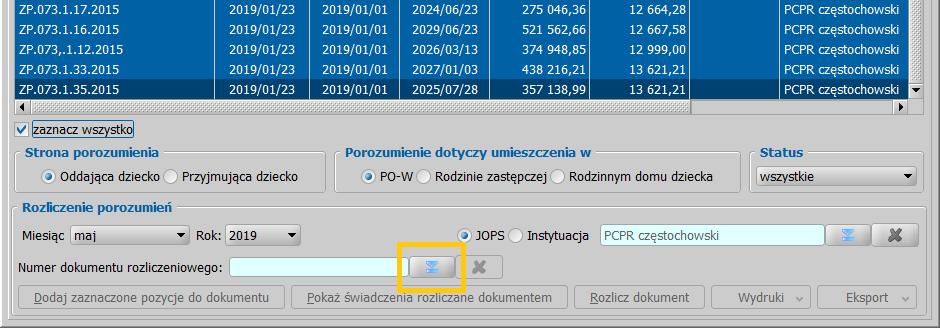 Po wykonaniu tych czynności, lista porozumień zostanie automatycznie ograniczona do tych porozumień, które są zawarte ze wskazaną stroną i mają nierozliczone pozycje harmonogramów na wskazany miesiąc.