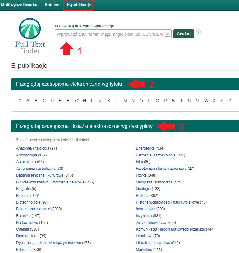 W zakładce E-publikacje można wyszukiwać pełnotekstowe wersje elektroniczne czasopism i książek na trzy sposoby: 1) przez wprowadzenie tytułu książki lub czasopisma, tematu w języku angielskimi, ISSN